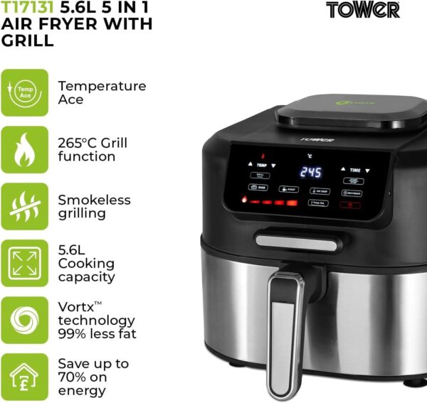 Tower Vortx 5 in 1 Air Fryer and Grill with Crisper 5.6L 1700W Black - Image 2