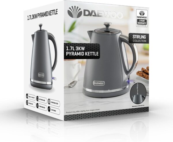 Daewoo Stirling 1.7L Pyramid Electric Kettle 3000w Grey  SDA2625 - Image 3