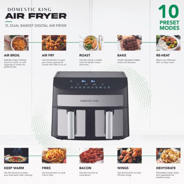 Domestic King 2400W Air Fryer – 7L Dual Basket (DK18094) – Crispy, Oil-Free Cooking - Image 3